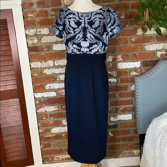 JS COLLECTIONS Navy Blue Mixed Media Soutache Midi Dress Size 12 - Picture 3 of 11